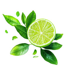 Fresh lime slice with green leaves isolated on Transparency Background citrus fruit vitamin C healthy food ingredient natural and organic product food photography for advertising design packaging