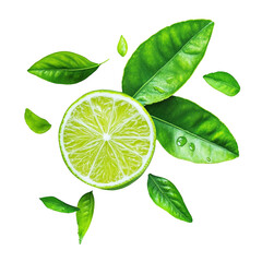 Fresh lime slice with green leaves and water drops isolated on Transparency Background healthy food and vitamin c concept citrus fruit high quality image for product packaging design and advertising