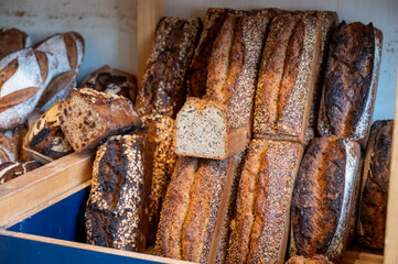 French artisan bakery in Bordeaux, rye and wheat bread and baguettes, France, french food