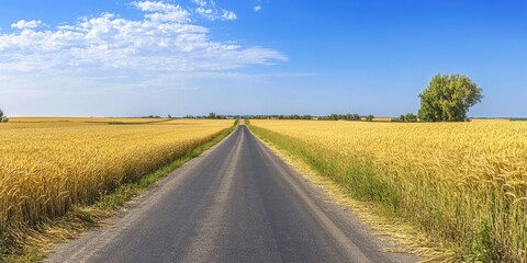 Fototapeta premium Long road with a tree in the middle of a field. The road is empty and the sky is clear