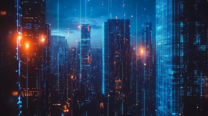 Obraz premium Smart digital city with connection cyber security network reciprocity over the cityscape . future smart wireless digital city and social media networking systems that connects people within the city