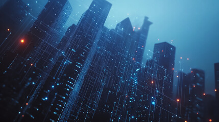 Fototapeta premium Smart digital city with connection cyber security network reciprocity over the cityscape . future smart wireless digital city and social media networking systems that connects people within the city