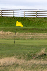 A yellow flag is on a green golf field