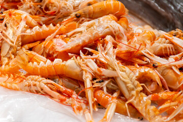 Assortment of fresh daily catch of prawns, seashells, molluscs on ice on fish market in Brittany, France, English translation: differens French names of seafood