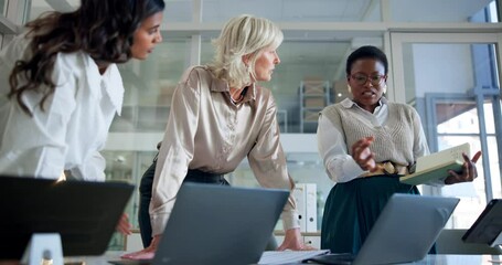 Teamwork, business people and women in meeting, laptop and connection with feedback. Employees, consulting agency or group with computer, planning or review for online sales or research for project