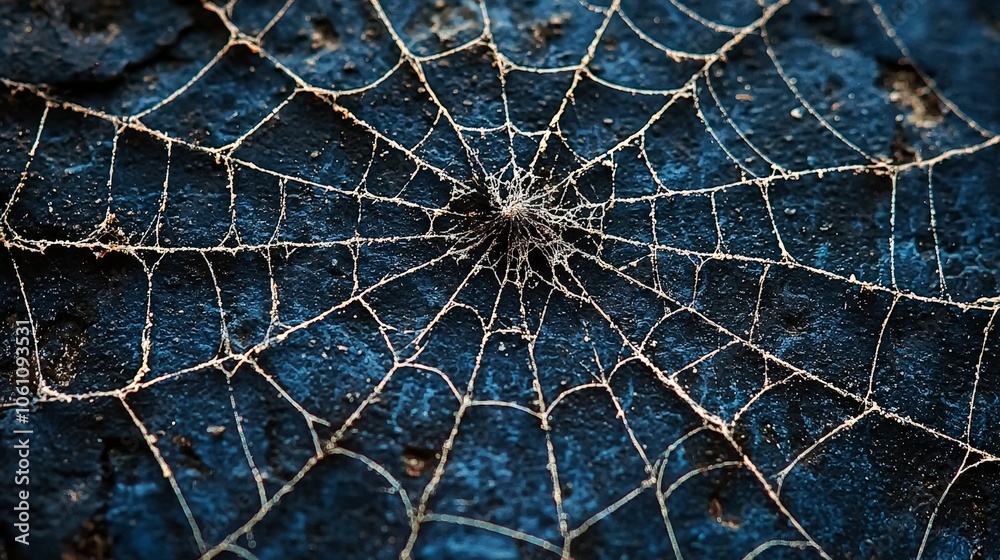 Wall mural close-up of a spider web on a textured surface, showcasing intricate patterns.