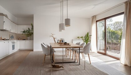 Fototapeta premium White home living room interior with table and seats, shelf and panoramic window