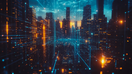 Obraz premium Smart digital city with connection cyber security network reciprocity over the cityscape . future smart wireless digital city and social media networking systems that connects people within the city