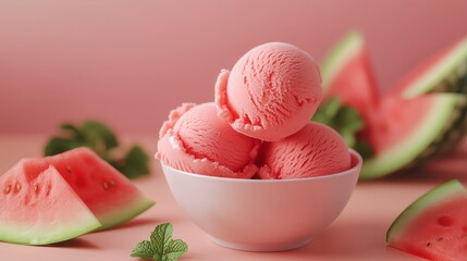 Watermelon ice cream bowl with slices in the background