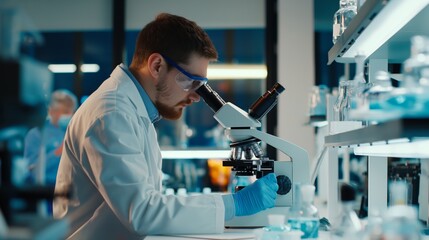 A man wearing a lab coat and goggles is looking through a microscope