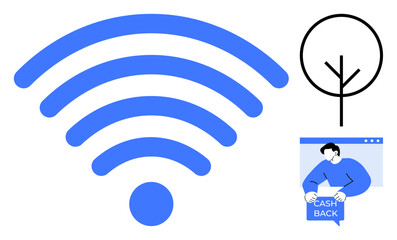 Blue wireless symbol alongside a minimalist tree icon and an illustration of a person displaying a cashback notification. Ideal for technology, sustainability, online shopping, digital communication