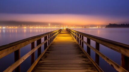 Fototapeta premium Serene Lakeside Dock at Dusk with Glowing Lights