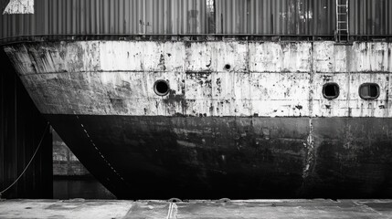 The rusted hull of an abandoned ship sits in a dock, evoking themes of history, urban decay, and maritime conservation.