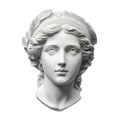 White Gypsum Head Sculpture of Woman with Floral Crown Ancient Greek Goddess Bust Statue Isolated on Transparency Background History Art Concept Antique Renaissance Style Plaster Figure Mythology