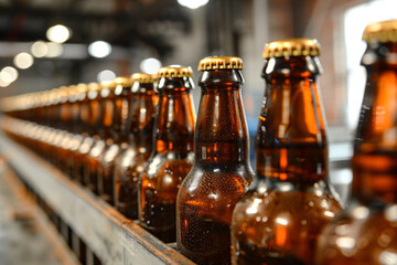 Row of bottle with cold fresh golden beer on wooden table on blurred background. Craft beer on bottle. Oktoberfest, International beer day and St. Patrick's day. Brewing festival. Copy space.