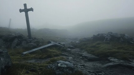 Ethereal Solitude: A Lone Cross in the Misty Wilderness