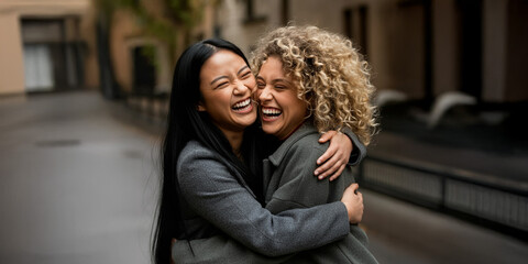 Fototapeta premium Two young women hugging, embrace while laughing & smiling, young multiracial female friends, asian, white