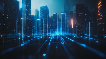 Fototapeta premium Smart digital Innovation city with connection network reciprocity over the cityscape. of future smart wireless digital city and social media networking systems that connects people with in city