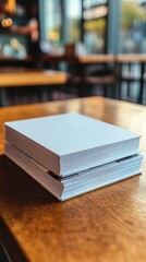Two thick white books stacked on a wooden table in a cozy cafe setting, symbolizing knowledge and relaxation in a public space. Blurred background adds depth.