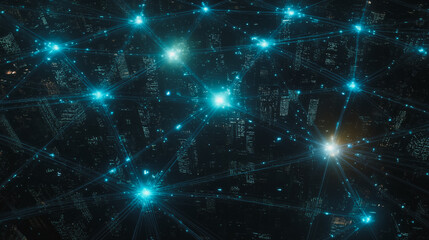 Fototapeta premium Smart digital Innovation city with connection network reciprocity over the cityscape. of future smart wireless digital city and social media networking systems that connects people with in city