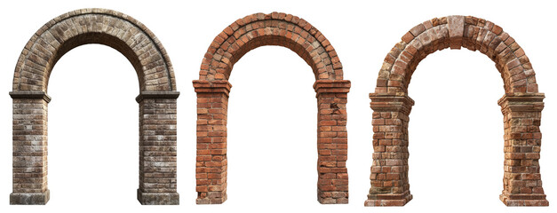 Set of antique arches made of stone and brick isolated on a Transparency Background ancient architecture element design historic building ruins weathered entrance classic doorway old gate passageway © PNG