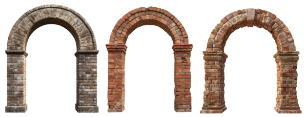 Set of antique arches made of stone and brick isolated on a Transparency Background ancient architecture element design historic building ruins weathered entrance classic doorway old gate passageway