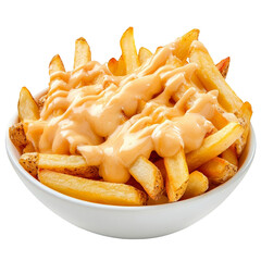 French Fries with Cheese Sauce in a White Bowl Isolated on Transparency Background Fast Food Snack Appetizer Delicious Meal Golden Crispy Potatoes Cheddar Sauce Creamy Topping Junk Food Unhealthy