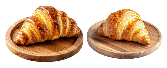 Freshly baked golden brown croissants on round wooden plates isolated on Transparency Background buttery flaky pastry delicious breakfast treat French viennoiserie bakery cafe menu food photography