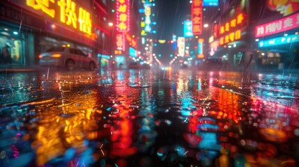 Naklejka premium Vibrant neon lit city street scene at night with heavy rain illuminated reflections in wet puddles and a dramatic energetic atmosphere Futuristic electric