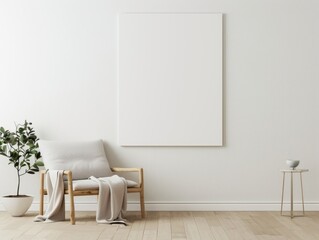 Minimalist living room with a blank canvas mounted on the wall as artwork.