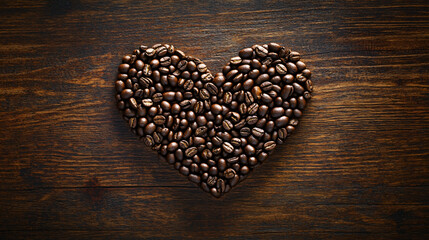 Closeup fresh roasted Arabian or aroma coffee beans on shape of heart. Organic coffee concept background. Top view, flat lay backdorp with copy space