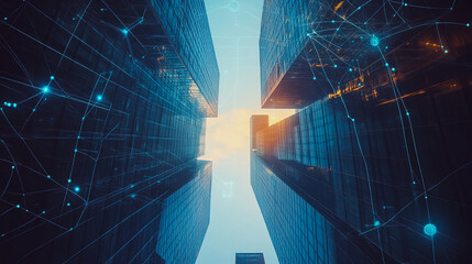 Smart digital city with connection cyber security network reciprocity over the cityscape . future smart wireless digital city and social media networking systems that connects people within the city