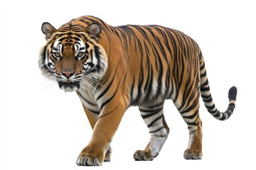 Naklejka premium Close-up of a tiger on all fours with its mouth open, looking fierce.