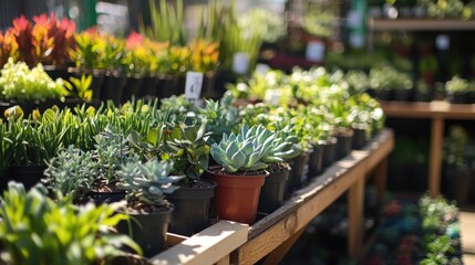 Fototapeta premium A selection of potted plants in a well-lit greenhouse, ready for planting or sale.