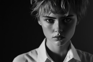 Stylish young woman with short hair, looking to her left, wearing a white shirt, captured in a moody studio lighting.