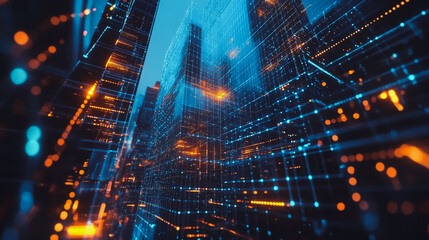 Obraz premium Smart digital city with connection cyber security network reciprocity over the cityscape . future smart wireless digital city and social media networking systems that connects people within the city