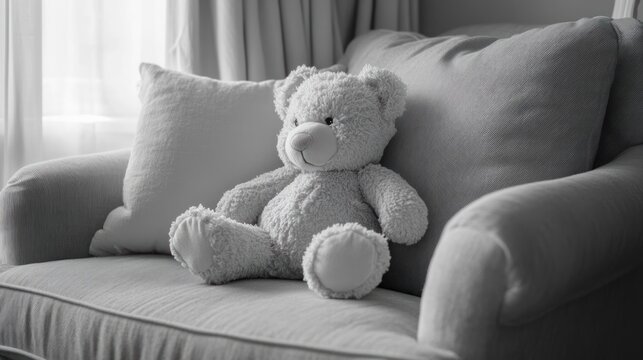 A plush teddy bear sits on a comfy armchair in a monochrome setting.
