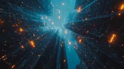 Fototapeta premium Smart digital city with connection cyber security network reciprocity over the cityscape . future smart wireless digital city and social media networking systems that connects people within the city