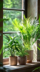 Obraz premium Vibrant green houseplants bask in natural light on a rustic windowsill, creating a serene indoor garden oasis with lush palm fronds and tropical foliage.