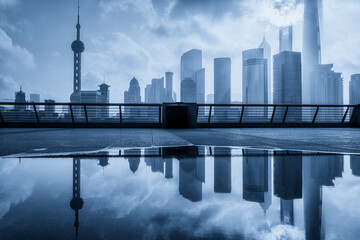 Majestic Urban Skyline Reflected in Water Underneath Dramatic Cloudy Sky