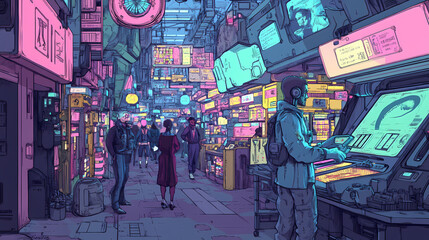Colorful retrofuturistic space trader negotiating deals with aliens in a bustling intergalactic bazaar. Futuristic Bazaar. Illustration