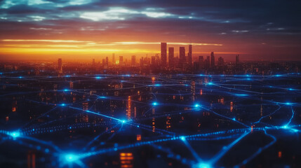 Obraz premium Smart digital city with connection cyber security network reciprocity over the cityscape . future smart wireless digital city and social media networking systems that connects people within the city