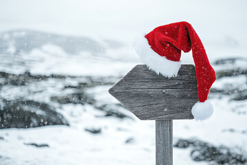 A wooden direction sign in a winter landscape with a Santa hat hanging on it.