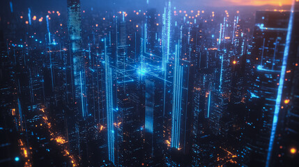 Fototapeta premium Smart digital city with connection cyber security network reciprocity over the cityscape . future smart wireless digital city and social media networking systems that connects people within the city