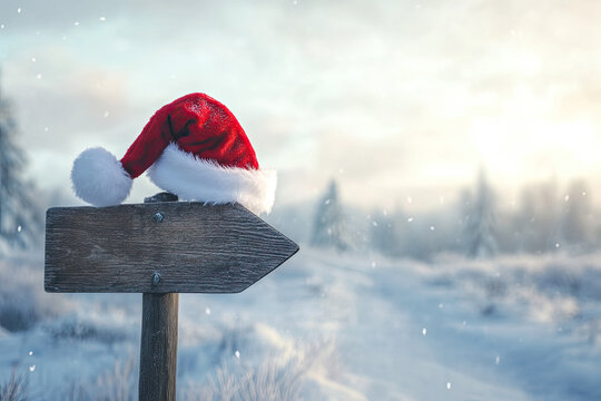 A wooden direction sign in a winter landscape with a Santa hat hanging on it.