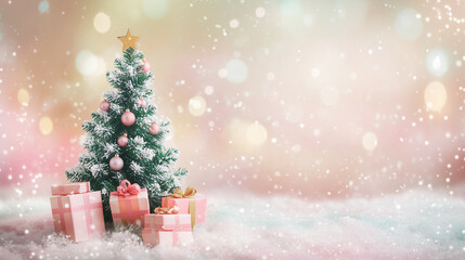 Obraz premium A decorated Christmas tree with a star on top, surrounded by ribbon-tied gifts, on a yellow-pink background with bokeh, glitter, and falling snow. Space for text.