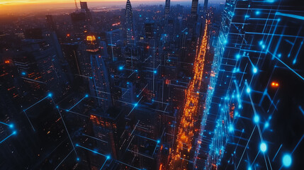 Fototapeta premium Smart digital city with connection cyber security network reciprocity over the cityscape . future smart wireless digital city and social media networking systems that connects people within the city