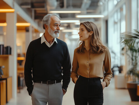 Un homme &acirc;g&eacute; accueille une jeune femme en entreprise : diversit&eacute;, junior et senior, relation interg&eacute;n&eacute;rationnelle, mentorat au travail, alternance ou stage