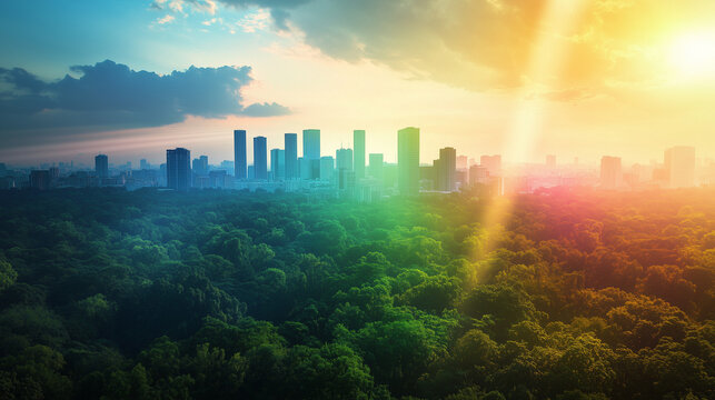 Rainbow city Skyline Over Lush Forest at Sunrise