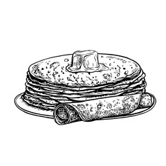 Pancakes on a plate with butter. Vector graphic drawing. Black and white hand-drawn illustration of food. On a white background. Great for menus, posters or labels, or cooking recipes and invitations